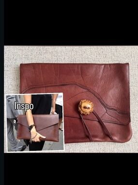 Brown Leather Foldover Clutch with Decorative Antler Accent